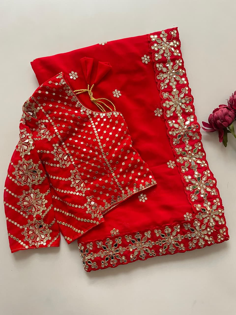 Red Color Real Mirror Work Georgette Saree with Stitched Blouse