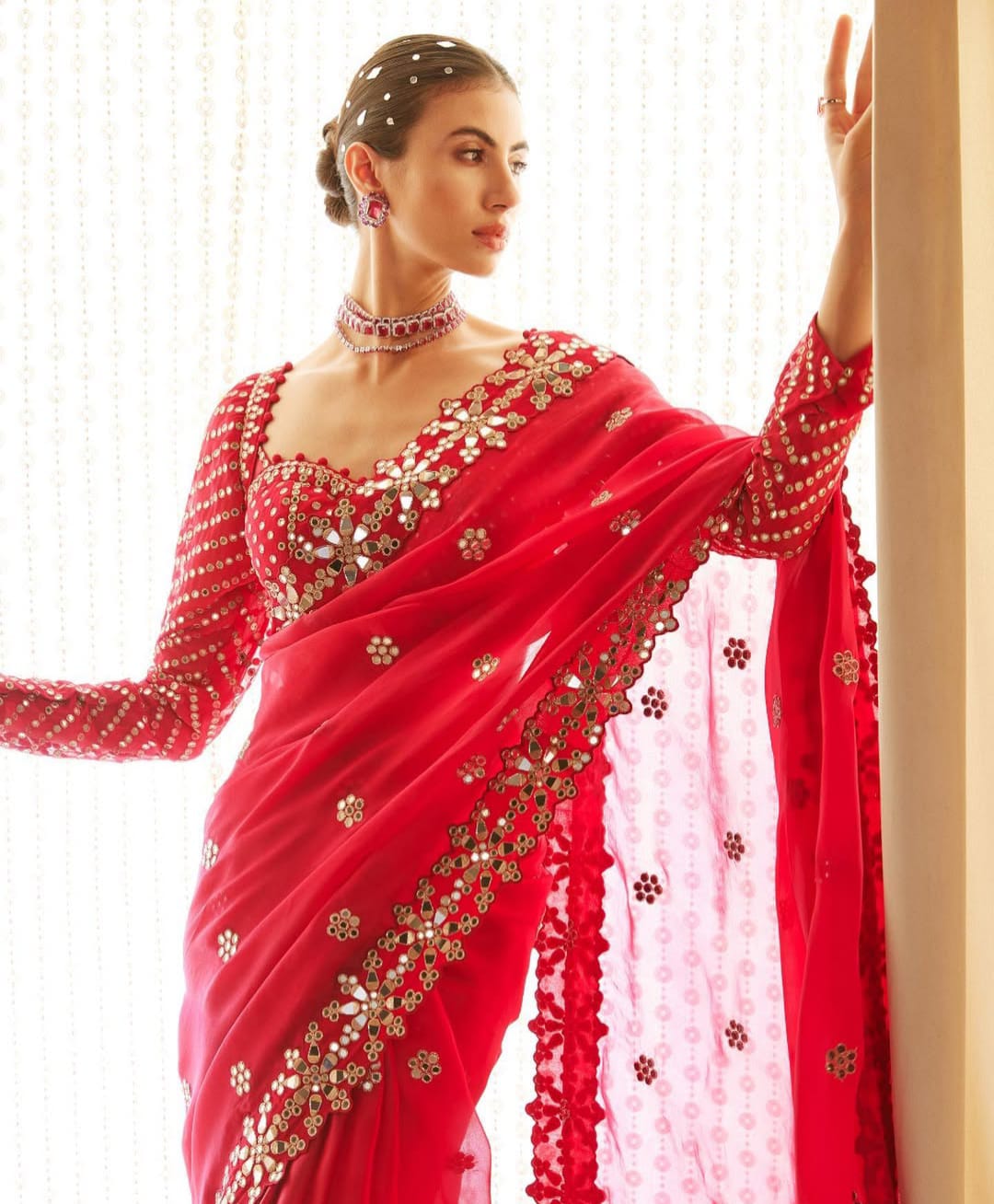 Red Color Real Mirror Work Georgette Saree with Stitched Blouse