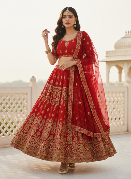 Sale ! Sale ! Red Wedding Wear Lehenga Choli At Lotshot rate
