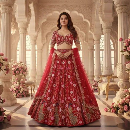 Elegant Red Net Embroidered with Sequins & Peacock Motifs Lehenga Choli