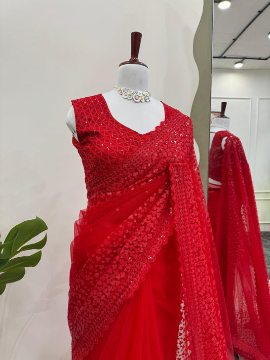 Red Color Soft net Heavy Work Saree