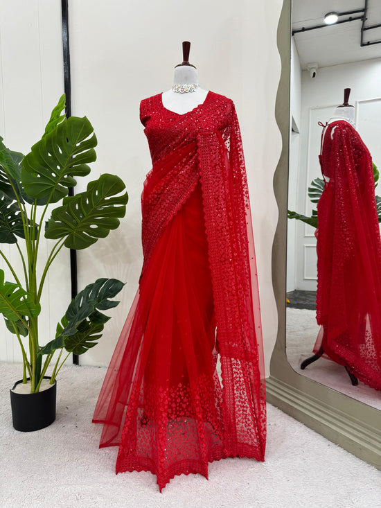 Red Color Soft net Heavy Work Saree