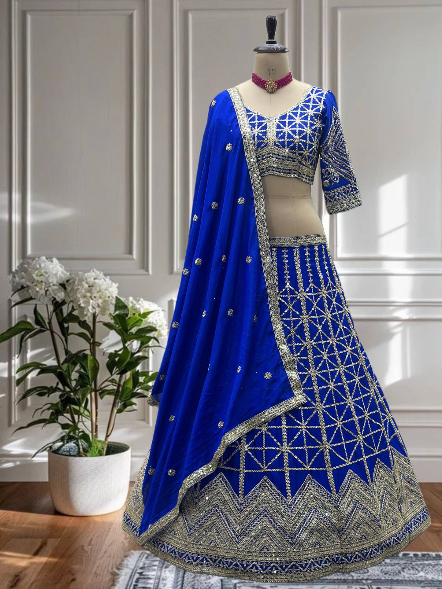 Royal Blue Chinon Silk Sequence Coding Work Lehenga Choli