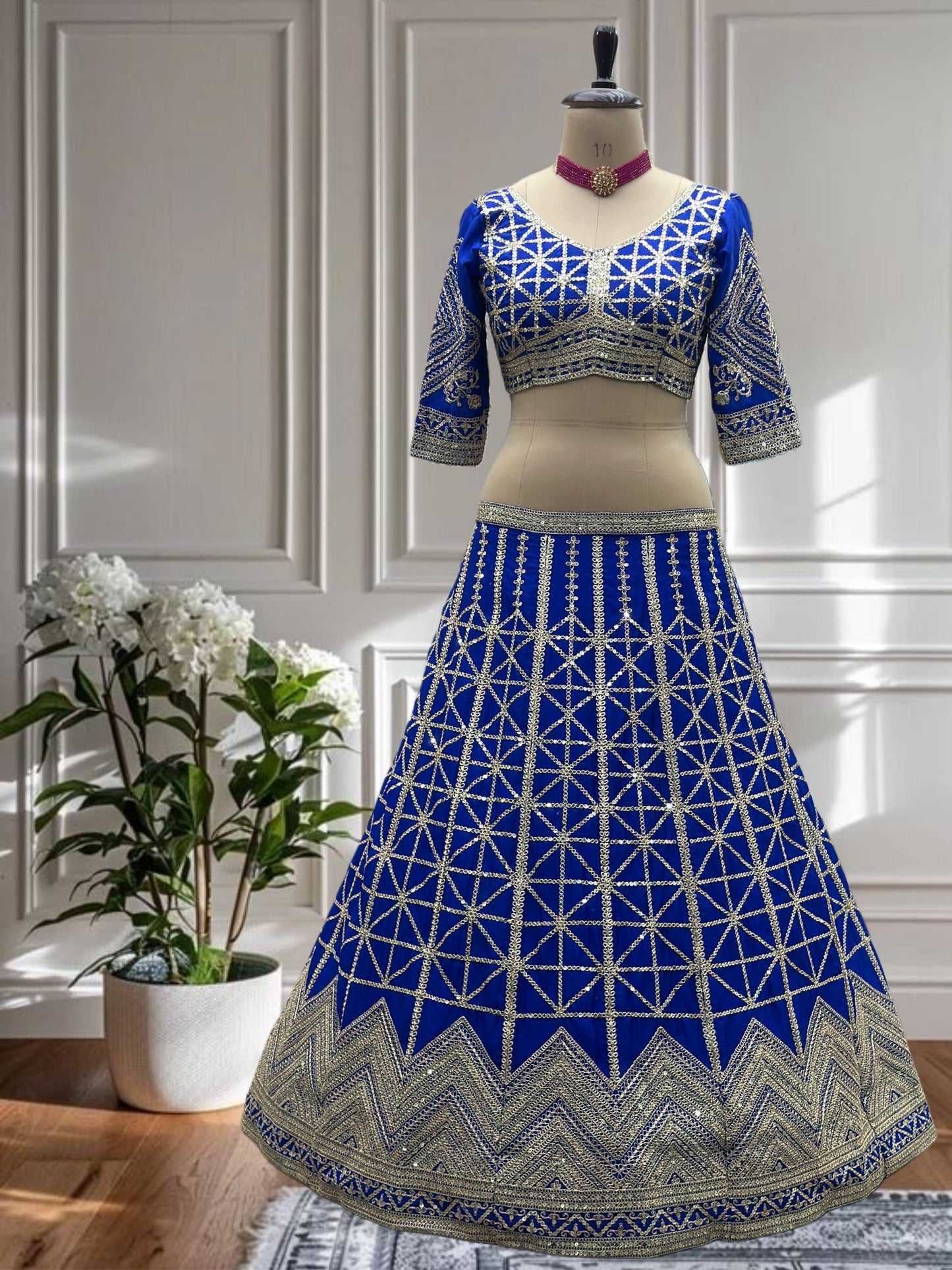 Royal Blue Chinon Silk Sequence Coding Work Lehenga Choli