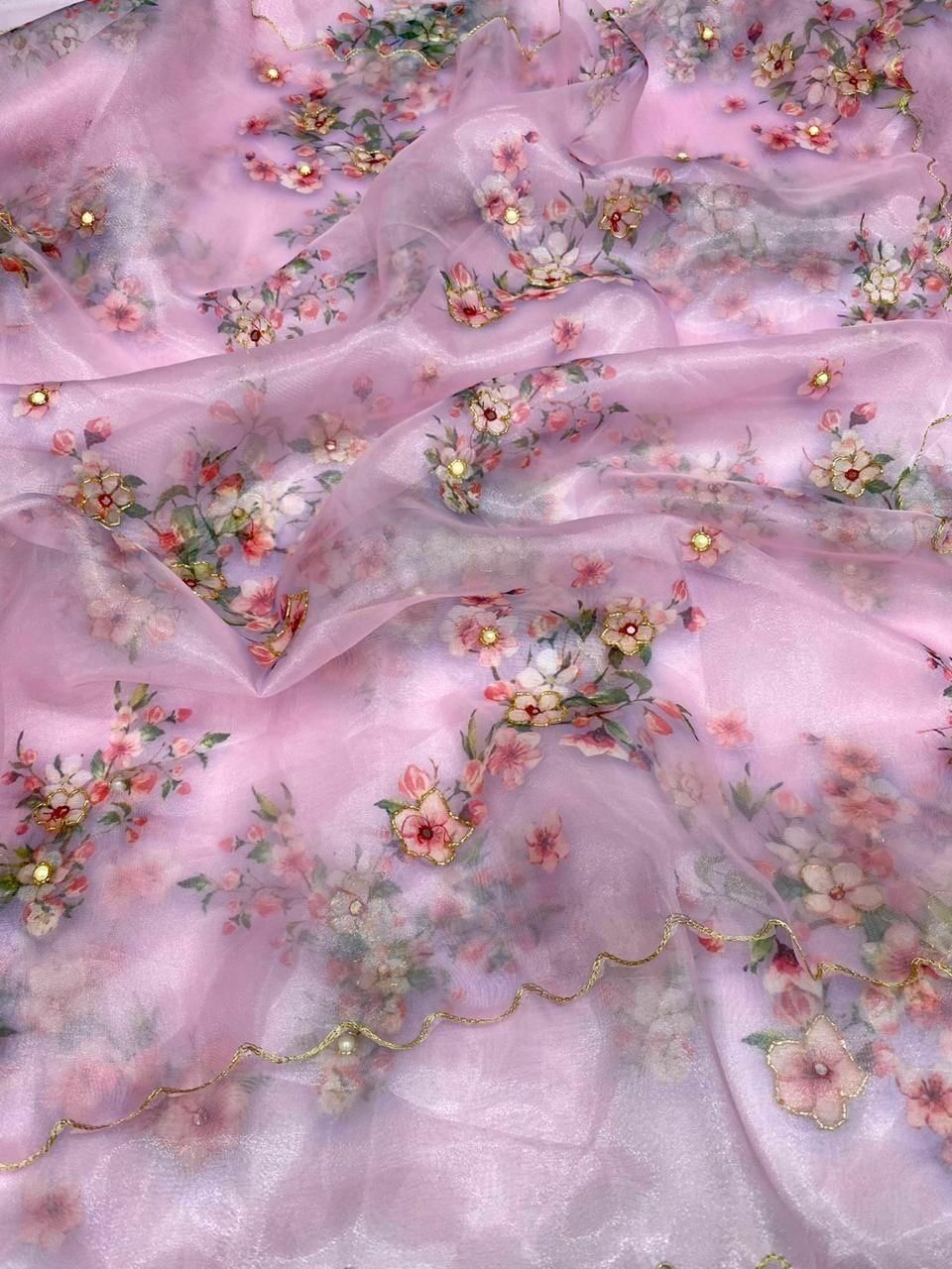Designer Soft Organza Silk Digital Print Hand Work Saree