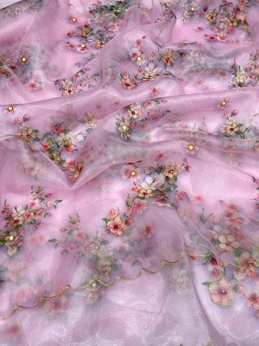 Baby Pink Organza Silk Cut Work Saree For Women