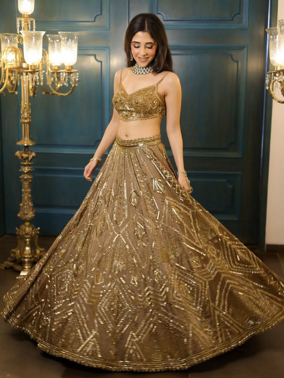 Royal Golden Sequins Embroidered Butterfly Net Lehenga Choli