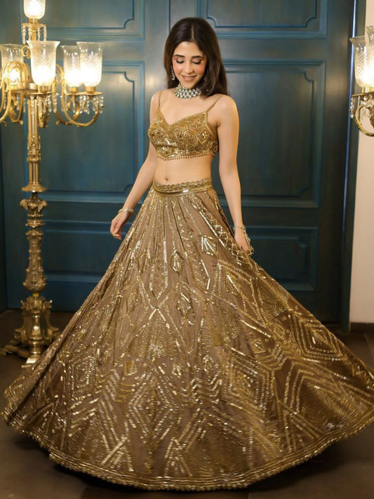 Royal Golden Sequins Embroidered Butterfly Net Lehenga Choli