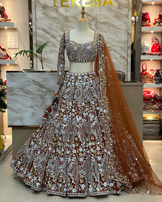 Rust Color Soft Net Real Mirror Work Lehenga Choli