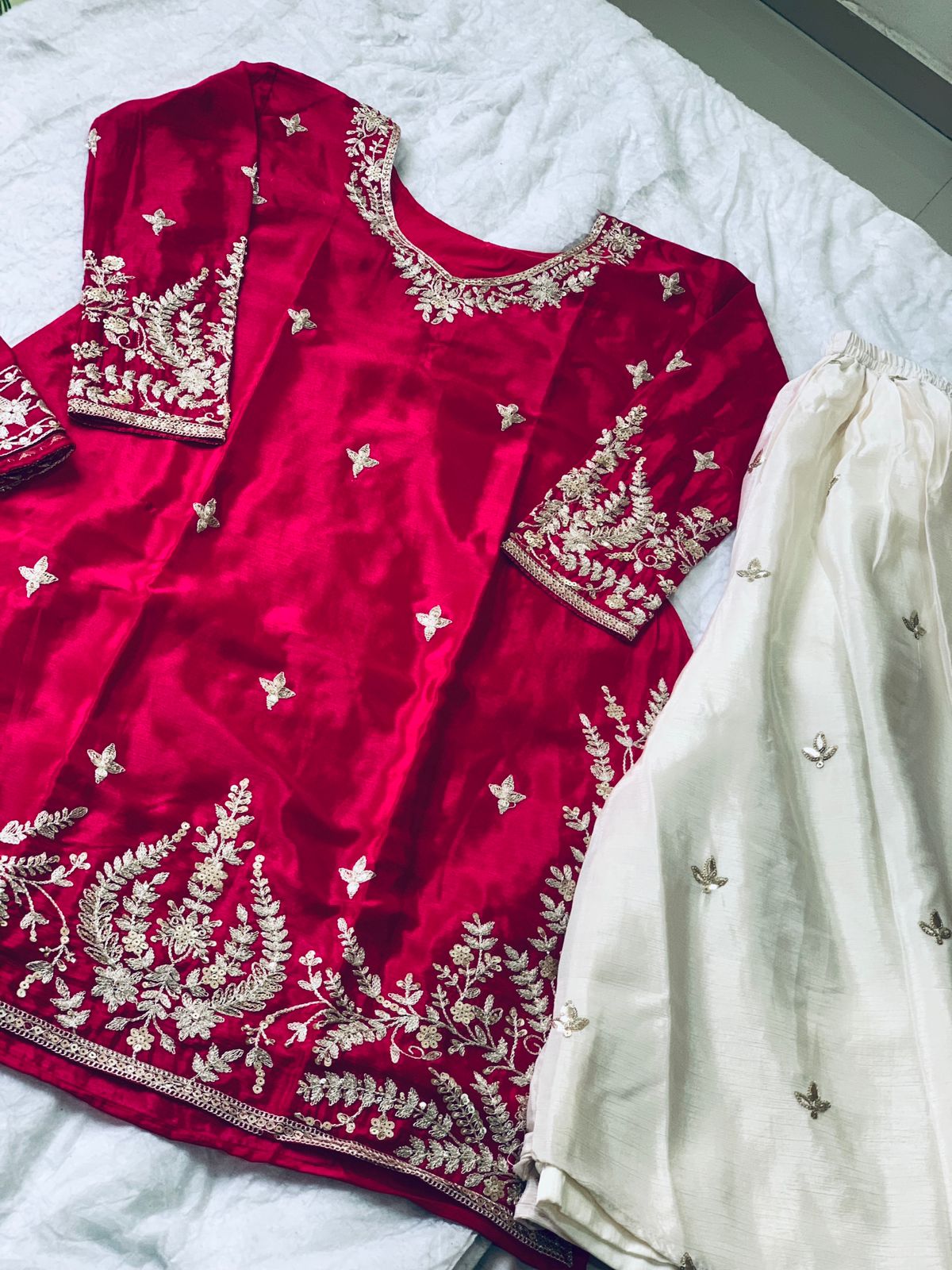 Party Wear Silk Coding Work Fully Stitched Plazo Suit Set