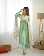 Load image into Gallery viewer, Pista Color Roman Silk Full Stitched Nyra Cut Kurta Pant Dupatta Set
