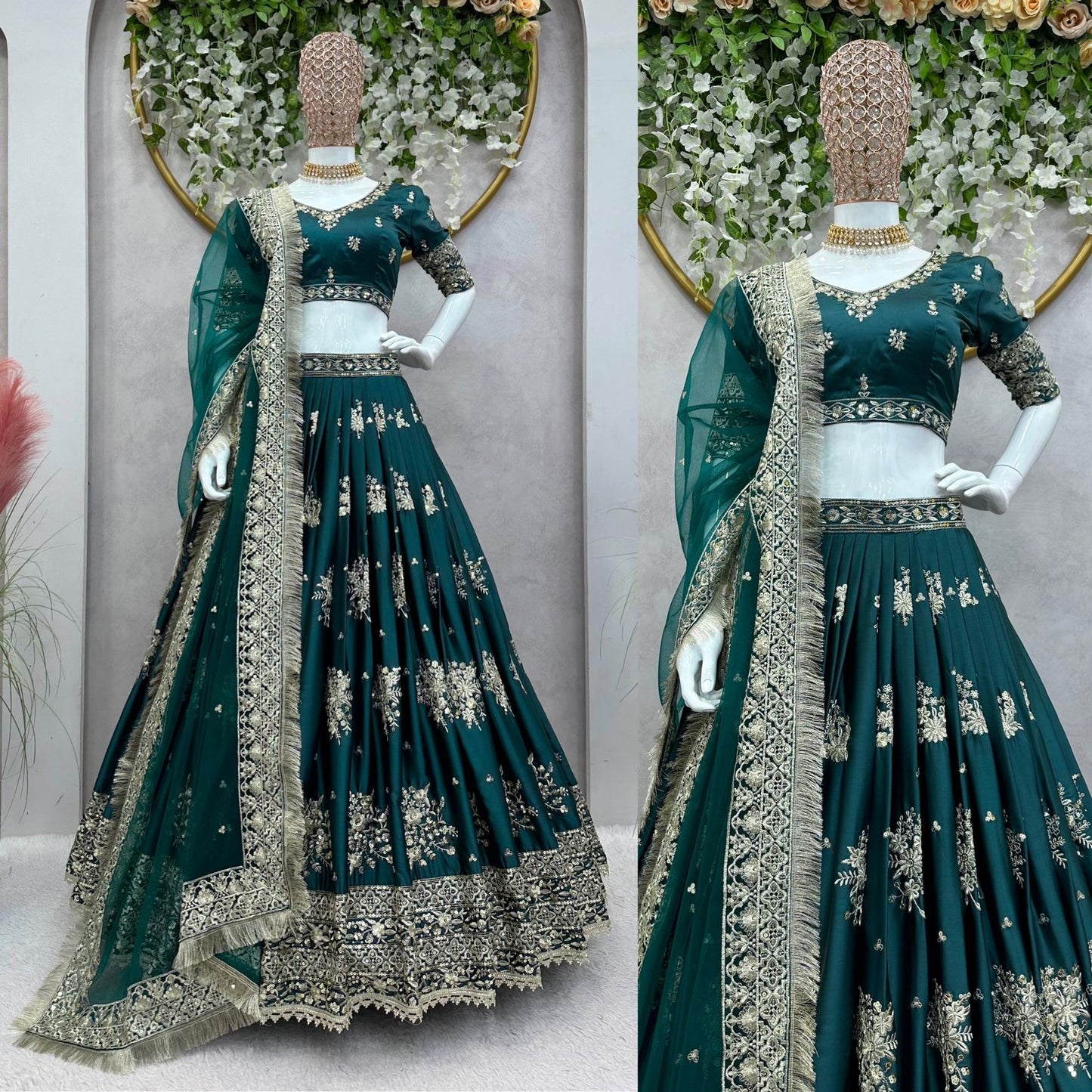 Rama Color Silk Thread Sequence Embroidered Lehenga Choli
