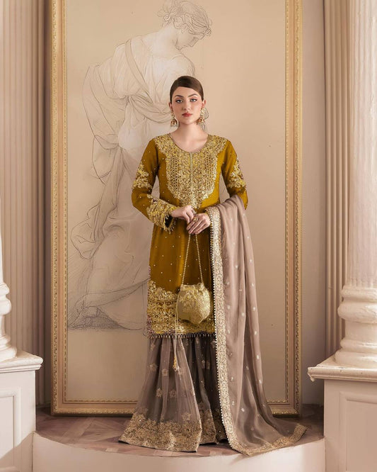 Faux Georgette Musturd Colour Heavy Embroidary And Sequence Worked Wedding Wear Sharara Suit Collection