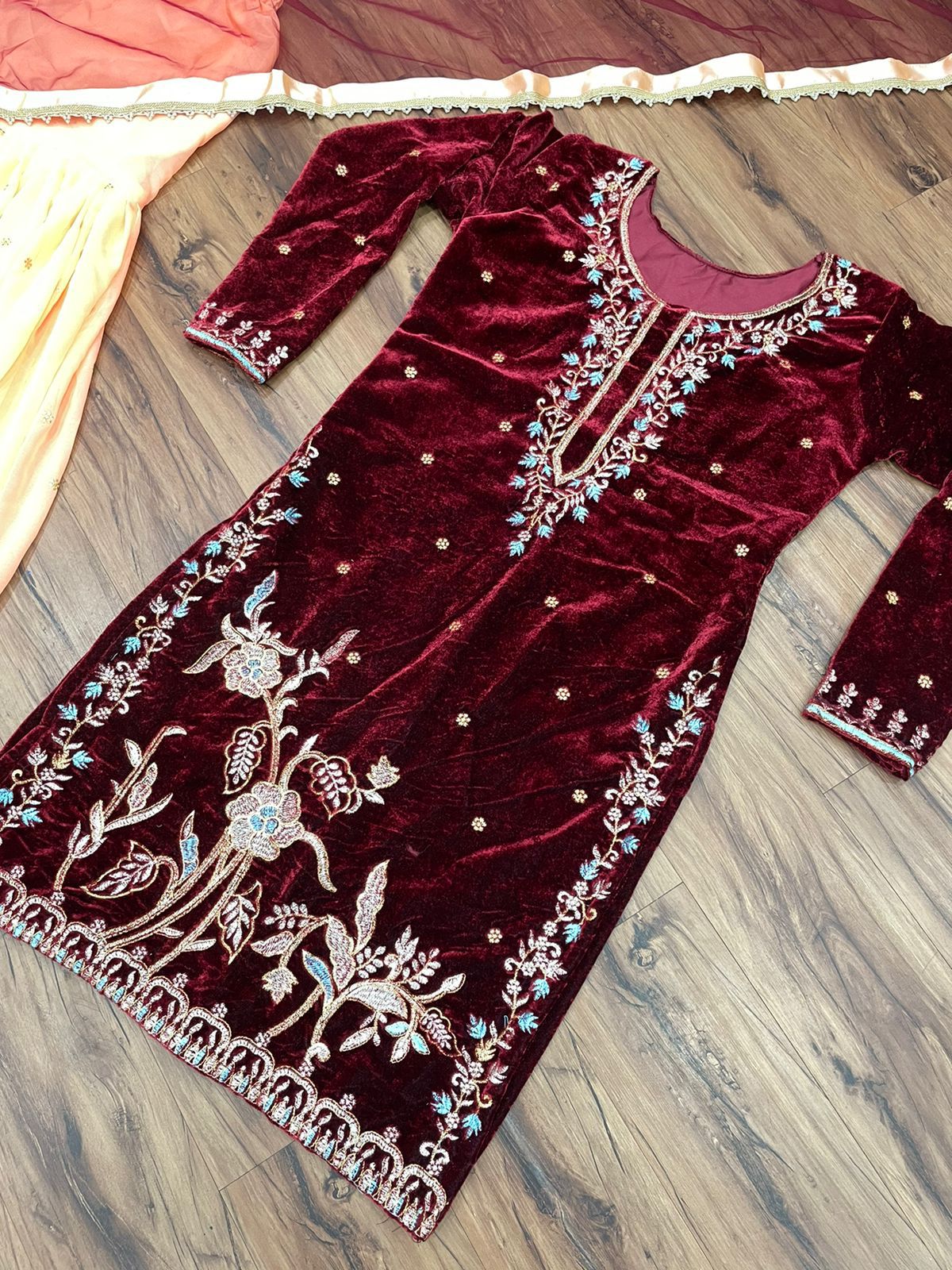 Party Wear Velvet Embroidered Full Stiched Sharara Suit