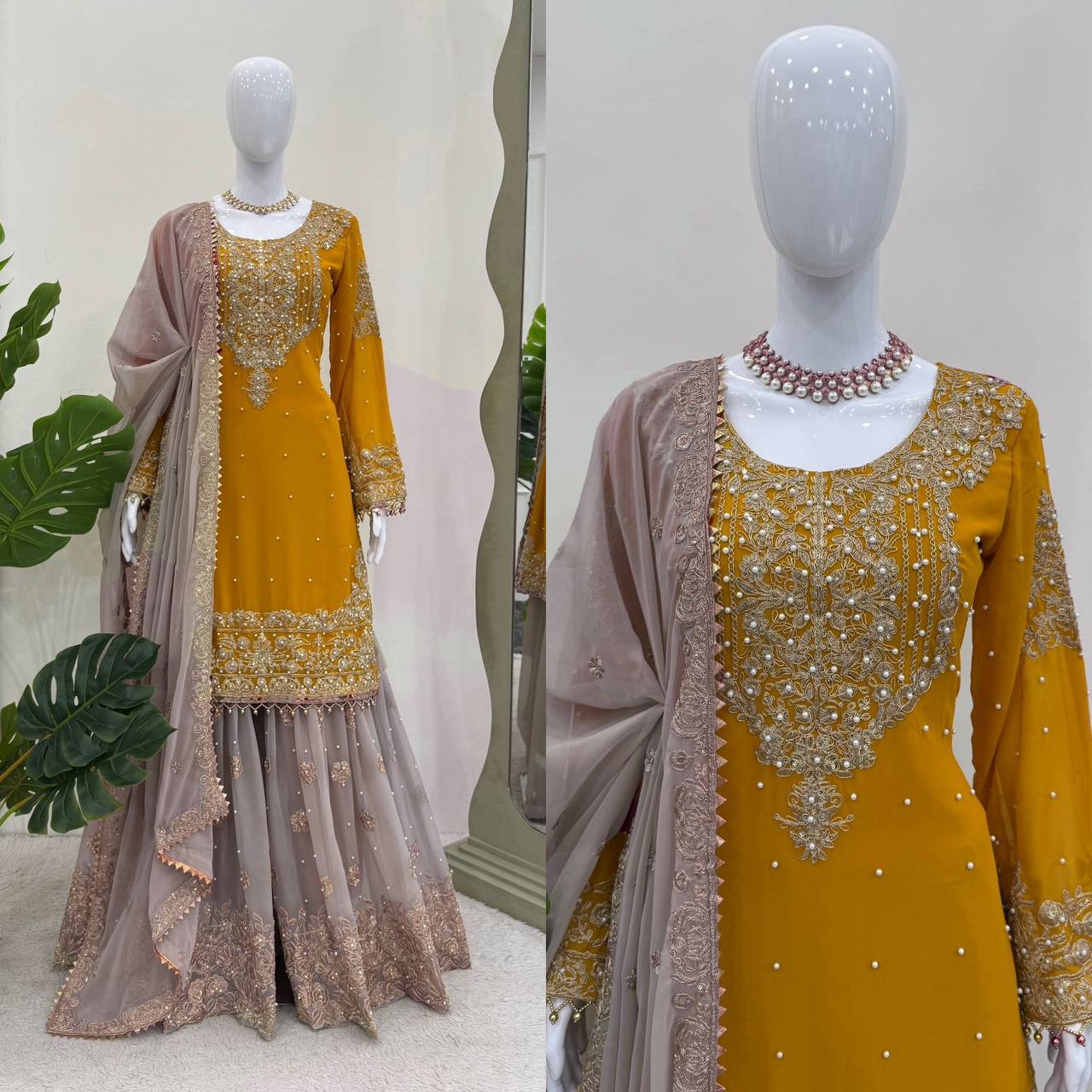 Faux Georgette Musturd Colour Heavy Embroidary And Sequence Worked Wedding Wear Sharara Suit Collection