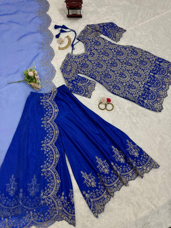 Royal Blue Silk Fully Stitched Sequence Work Plazo Sharara Suit