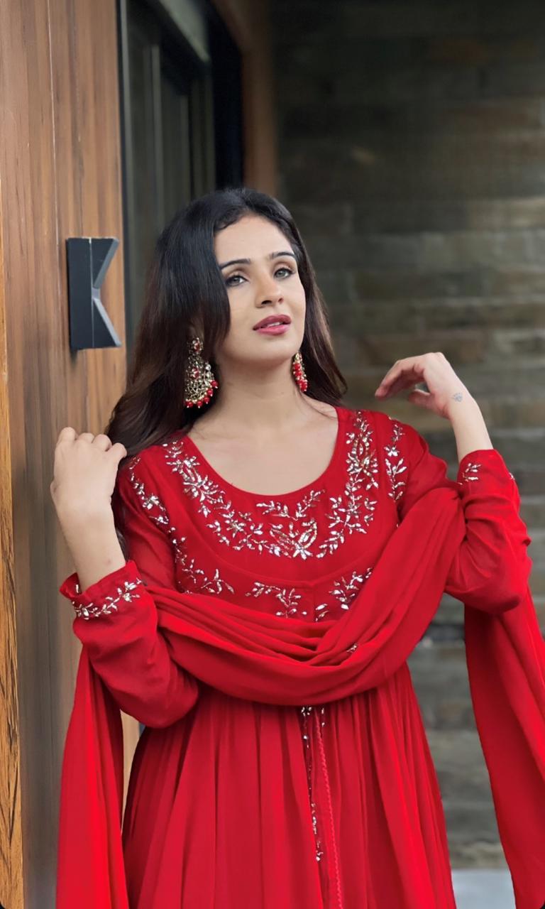 Red Color Georgette Full Stitched Sharara Suit
