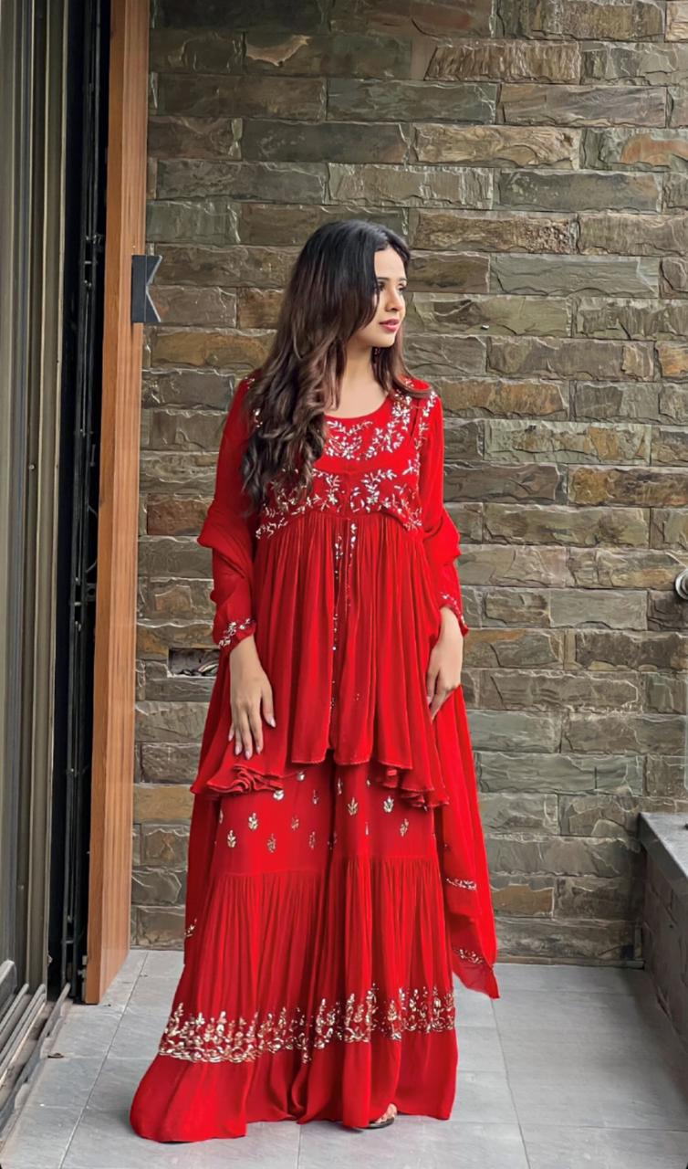 Red Color Georgette Full Stitched Sharara Suit
