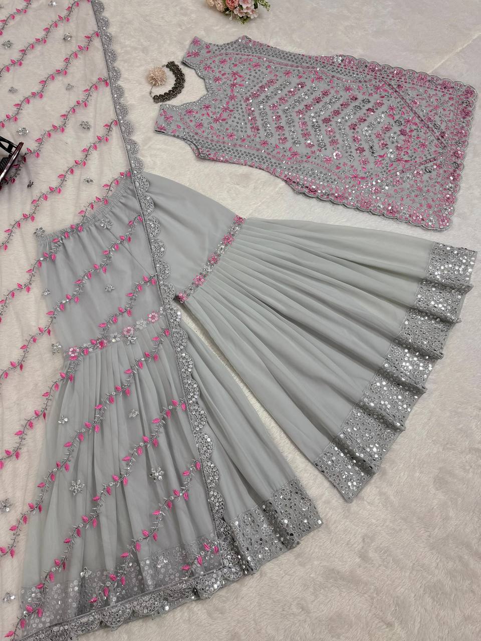 Grey Color Georgette Sequence Work Stitched Sharara Suit