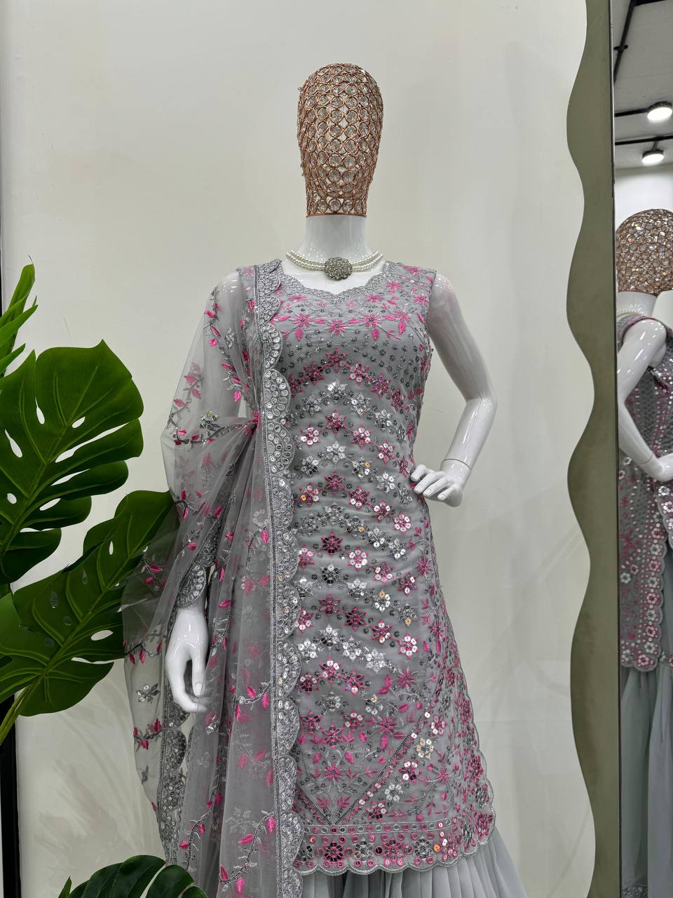Grey Color Georgette Sequence Work Stitched Sharara Suit