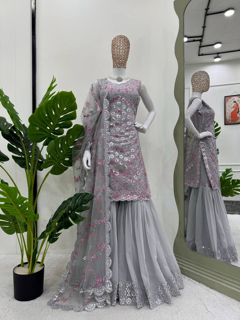 Grey Color Georgette Sequence Work Stitched Sharara Suit