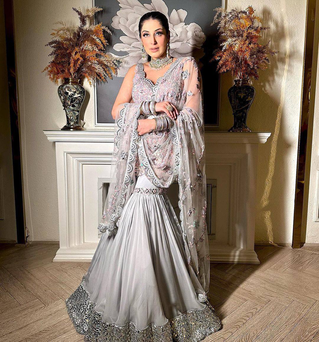 Grey Color Georgette Sequence Work Stitched Sharara Suit