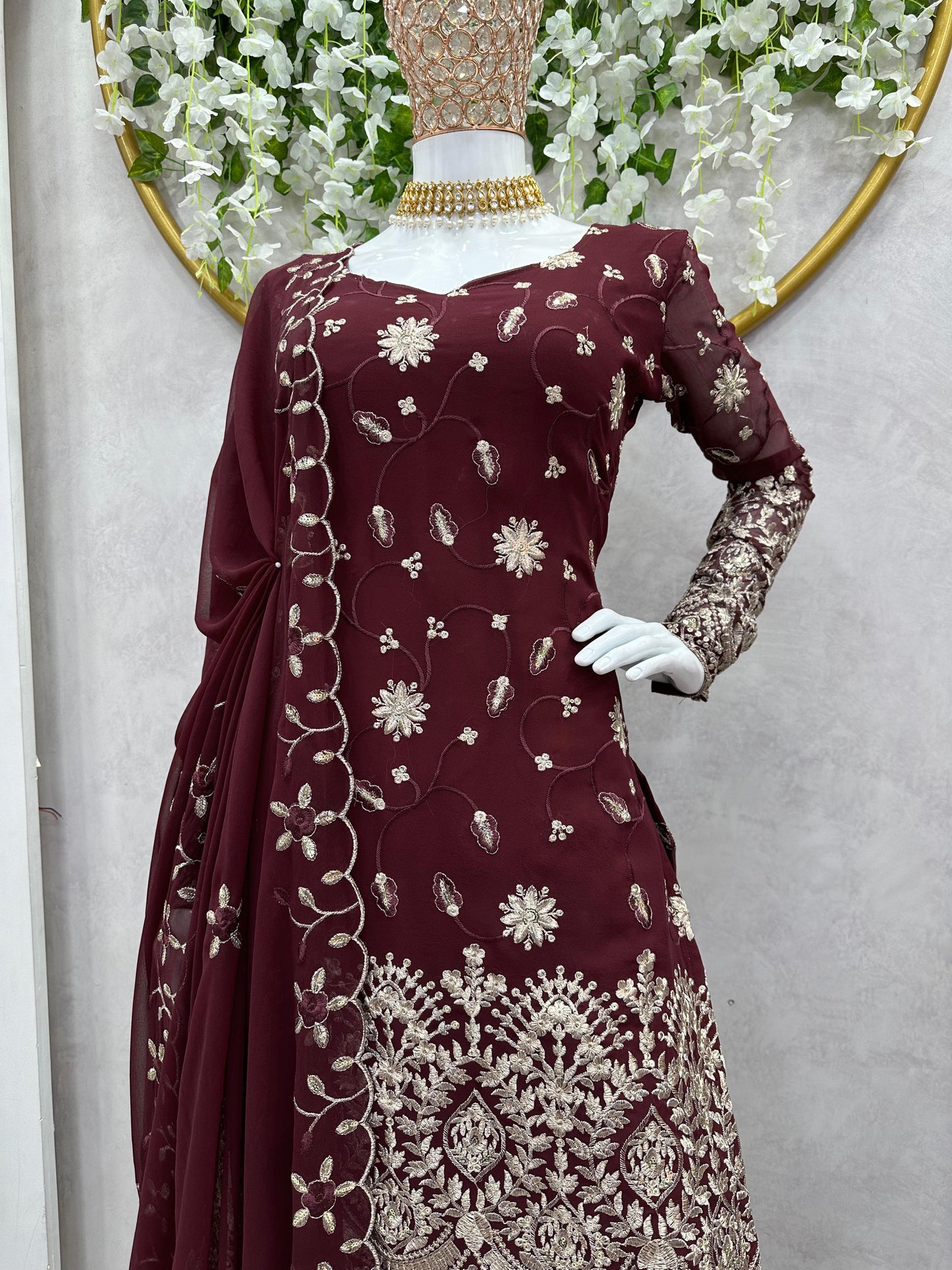 Ready To Wear Georgette Embroidered Work Sharara Suit Set
