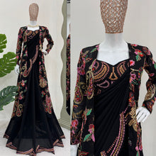 Load image into Gallery viewer, Beautiful Black Georgette Multi Color Thread Work Saree With Shrug
