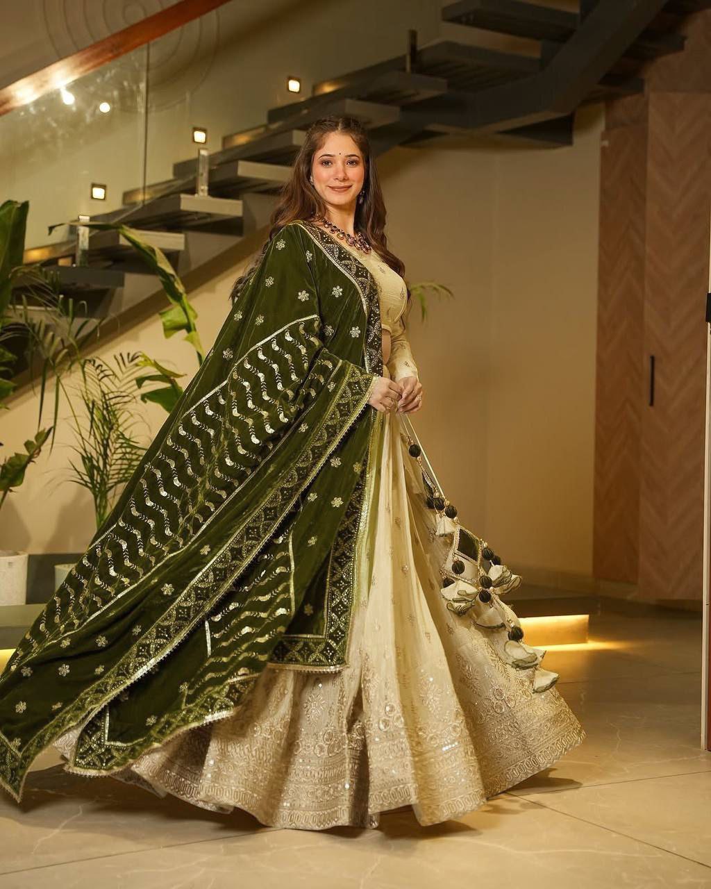 Party Wear Silk Lehenga Choli with Heavy Work Velvet Dupatta