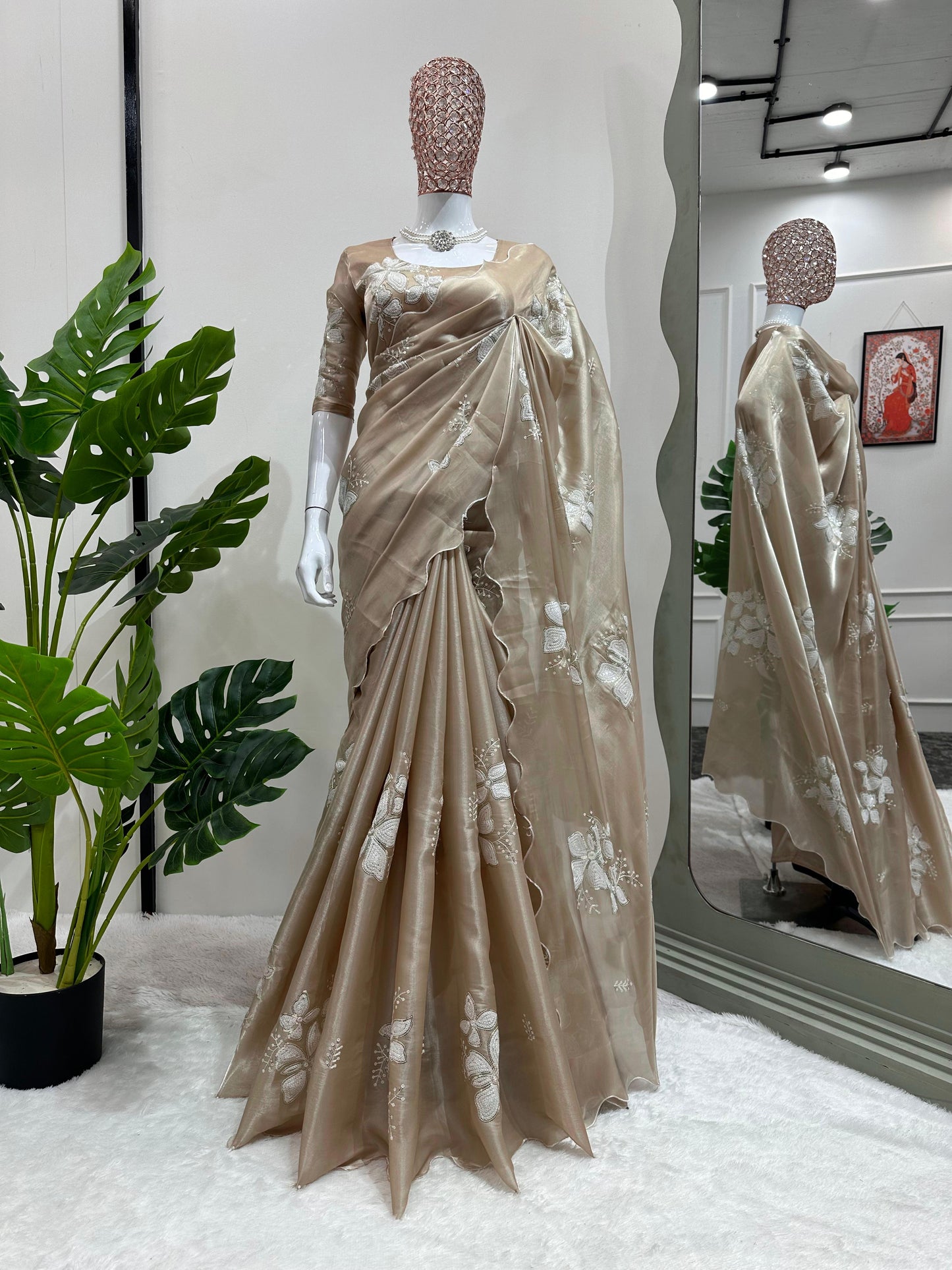 Amazing Beige Color Organza Embroidered Work Saree Blouse For Festive Wear