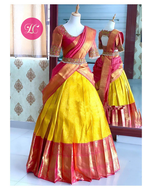 Yummy Yellow Color Kanjivaram Silk Half Lehenga Saree