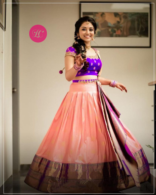 Peach Kanjivaram Silk Half Saree Lehenga For Girls
