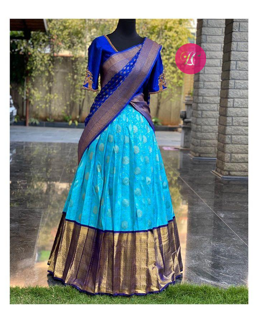 Skyblue Color Kanjivaram Silk Half Saree Lehenga For Girls