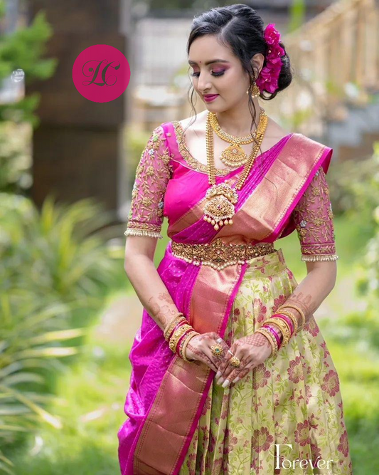 Mehndi Color Kanjivaram Silk Half Lehenga Saree