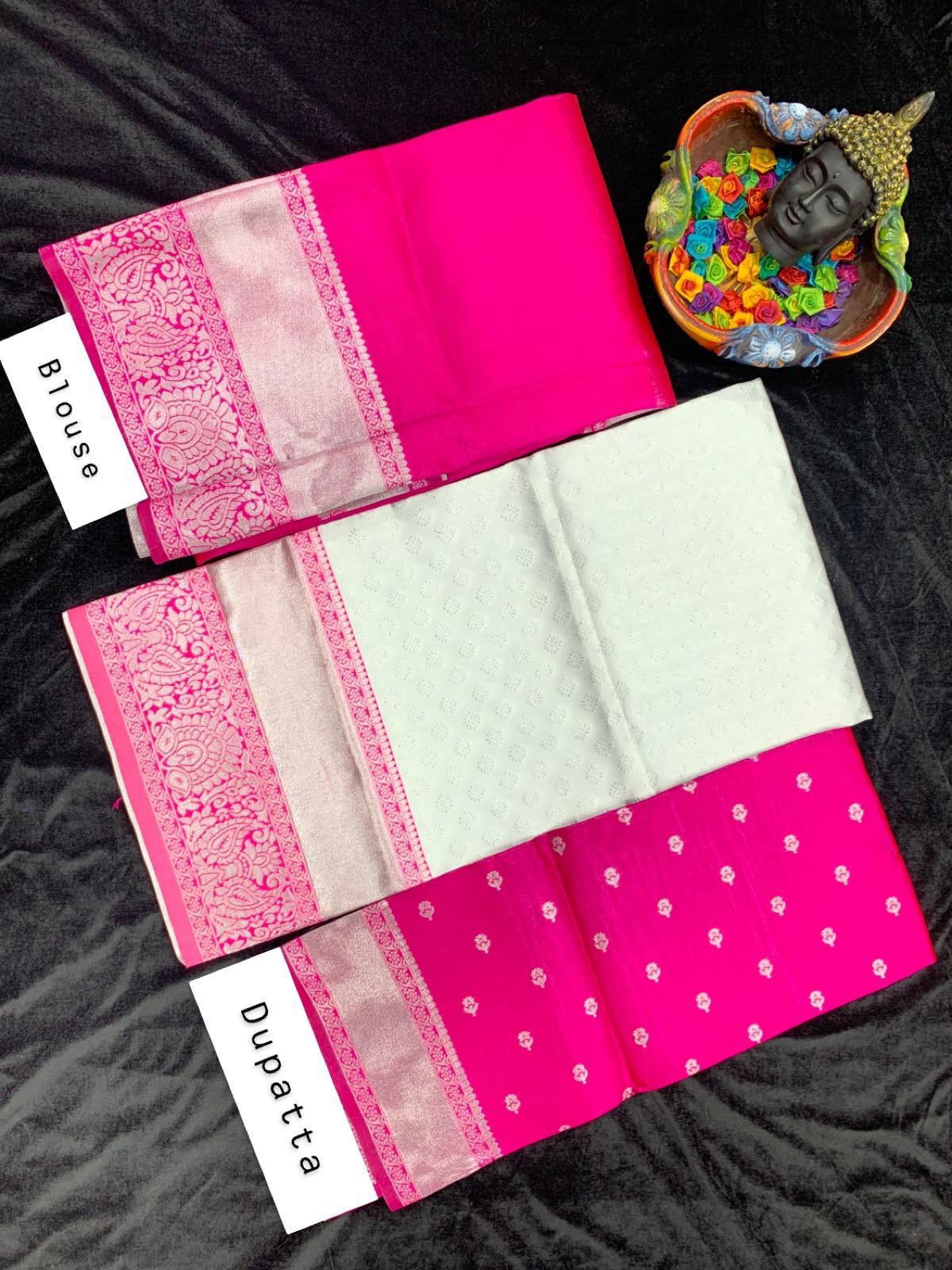 White Pink Kanjivaram Silk Half Lehenga Saree For Wedding