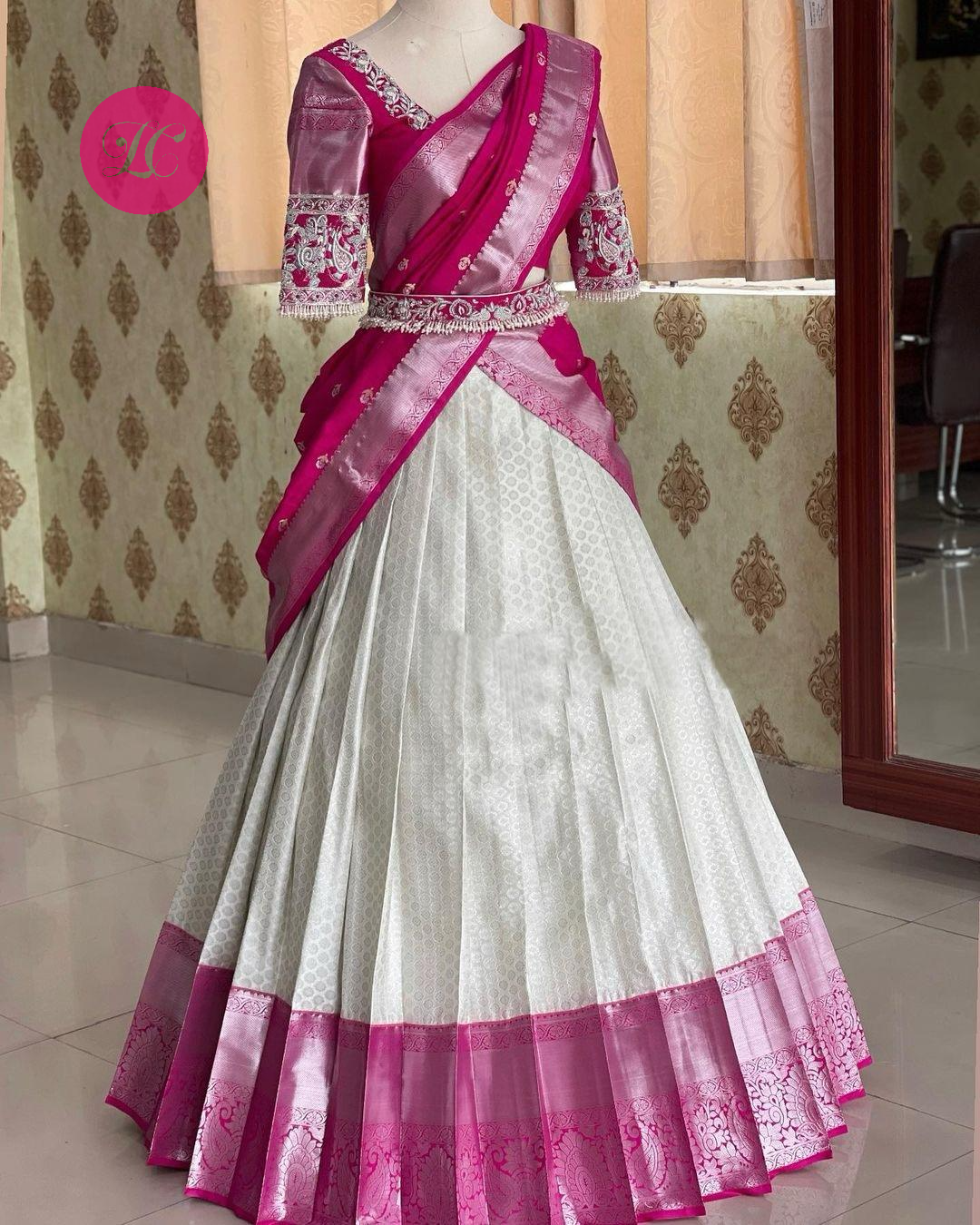 White Pink Kanjivaram Silk Half Lehenga Saree For Wedding