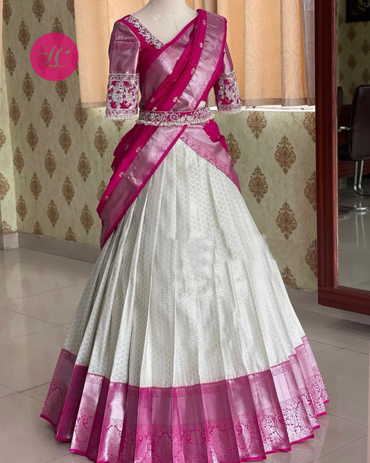 White Pink Kanjivaram Silk Half Lehenga Saree For Wedding