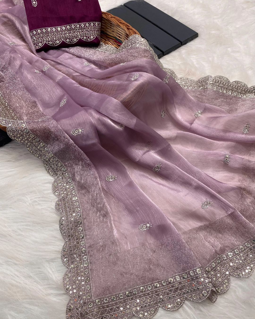Burbarry Silk C Pallu Sequence Work Party Wear Saree