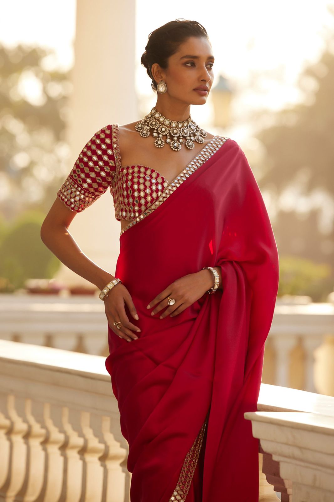 Party Wear Red Rangoli Silk Real Mirror Work Saree Blouse