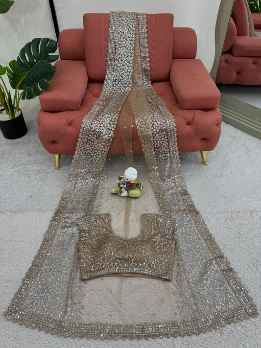 Skin Color Soft Net Sequence Work Saree