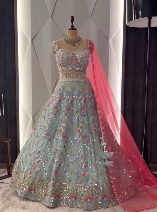 Real Mirror Hand Work Georgette Embroidered Semi Stitched Lehenga Choli