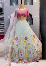 Load image into Gallery viewer, Haldi Mehndi Wear Sky Georgette Real Mirror Embroidered Work Lehenga Choli
