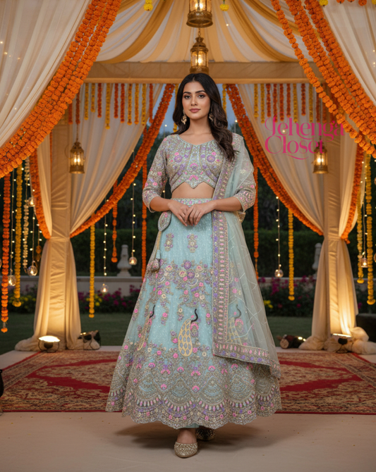 Peacock Design Light Sky Color Soft Net Coding Embroidered Work  Lehenga Choli