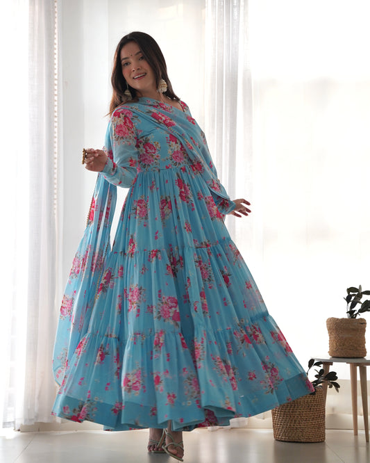Sky Color Georgette Print Long Anarkali Style Stitched Suit Set