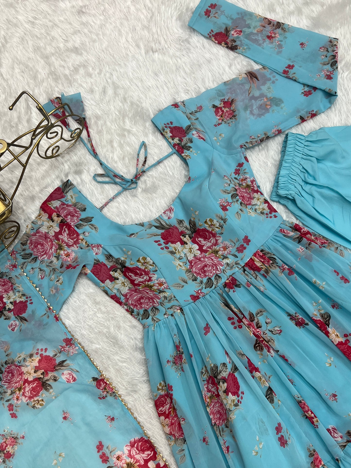 Sky Color Georgette Print Long Anarkali Style Stitched Suit Set