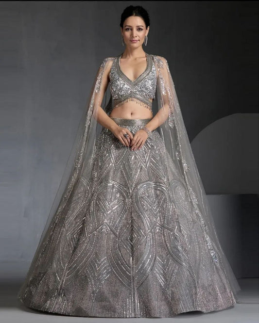 Steel Grey Georgette Heavy Sequence Work Long Lehenga Choli
