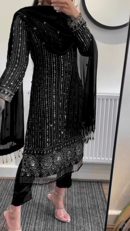 Black Georgette Heavy Work Full Stitched Salwar Suit