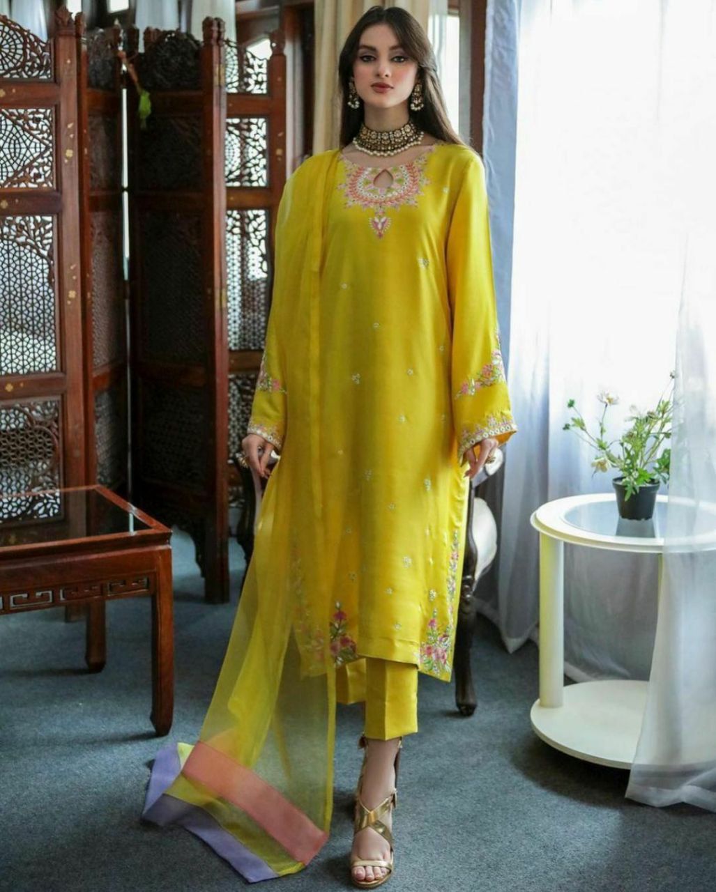 Straight Cut Lemon Yellow Georgette Semi Stitched Suit