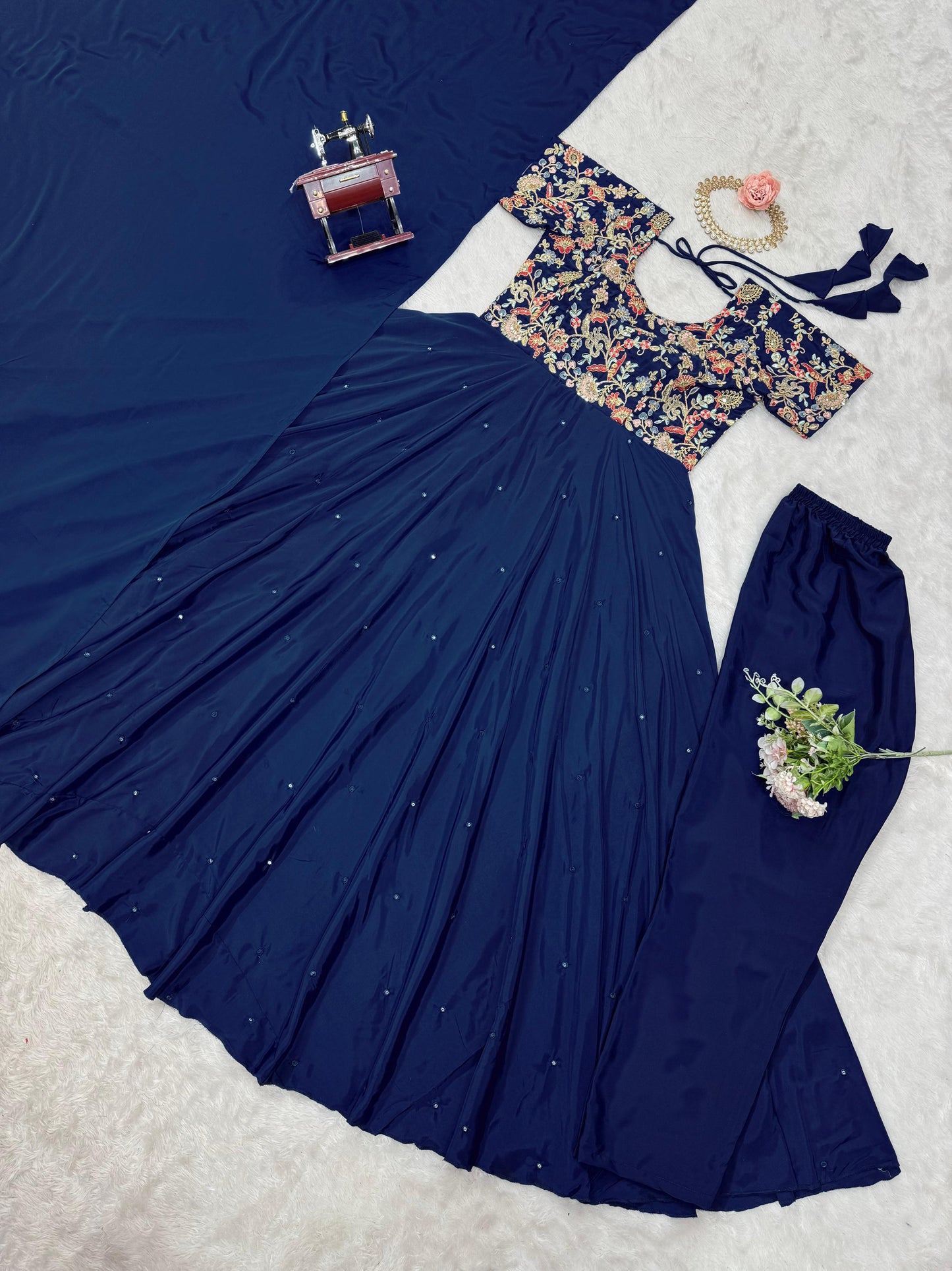Navy Blue and Pink Color Crep Silk Long Stitched Anarkali Suit