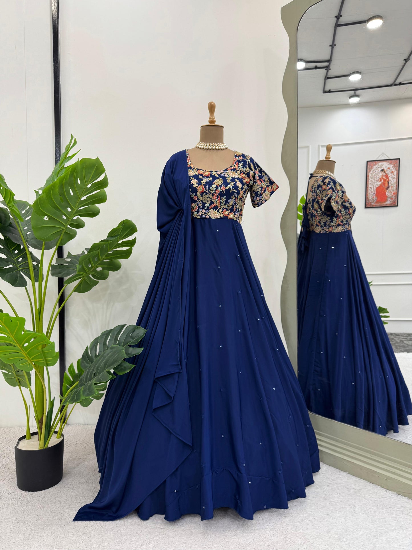 Navy Blue and Pink Color Crep Silk Long Stitched Anarkali Suit